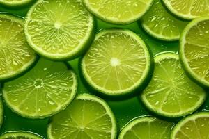 Green lemon slice pattern background.Generative Ai. photo