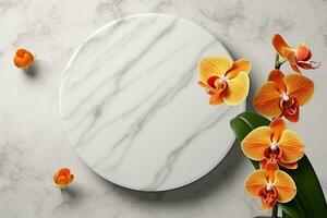 Top view marble circle on white background with orchid flower.Generative Ai. photo