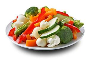 Mix of vegetables on white plate isolated on white background.Generative Ai. photo