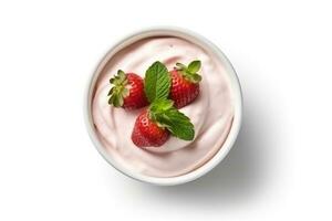 Top view strawberry yogurt isolated on white background.Generative Ai. photo