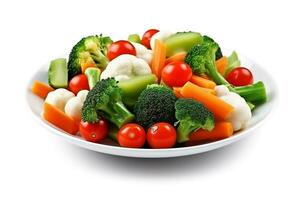 Mix of vegetables on white plate isolated on white background.Generative Ai. photo