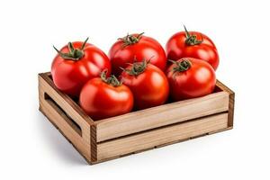 Fresco Tomates en de madera caja aislado en blanco fondo.generativo ai. foto