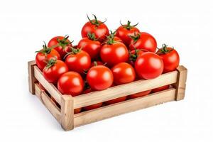 Fresco Tomates en de madera caja aislado en blanco fondo.generativo ai. foto