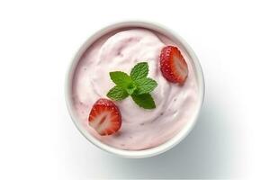 Top view strawberry yogurt isolated on white background.Generative Ai. photo