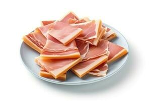 Ham on a plate isolated on white background .Generative Ai. photo