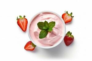 Top view strawberry yogurt isolated on white background.Generative Ai. photo