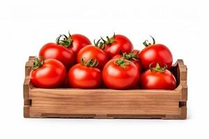 Fresh tomatoes in wooden box isolated on white background.Generative Ai. photo