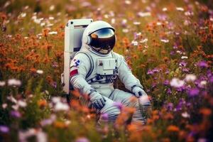 astronauta en campo con vistoso flor.generativa ai. foto