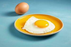 frito huevo en cerámico plato en azul fondo.generativo ai. foto