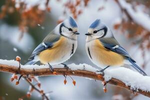 paro aves en rama con nieve invierno.generativo ai. foto