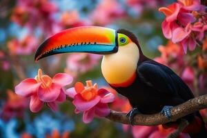 Toucan bird on branch with beautiful pink flower.Generative Ai. photo