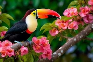 Toucan bird on branch with beautiful pink flower.Generative Ai. photo