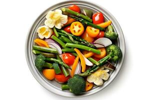 Mix of vegetables on white plate isolated on white background.Generative Ai. photo