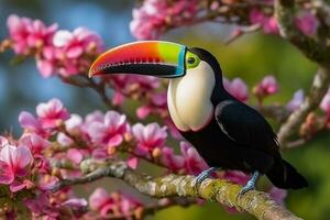 Toucan bird on branch with beautiful pink flower.Generative Ai. photo