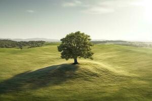 Big tree in the meadow against the blue sky.Generative Ai. photo