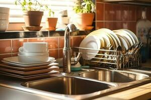 Kitchen counter window with sink for dish.Generative Ai. photo