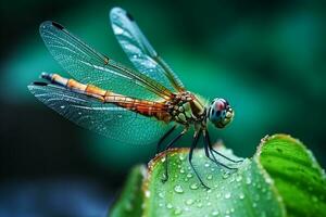 Dragonfly on flower with green background.Generative Ai. photo