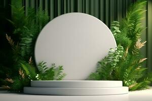 Empty round podium for product presentation with tropical leaf background.Generative Ai. photo