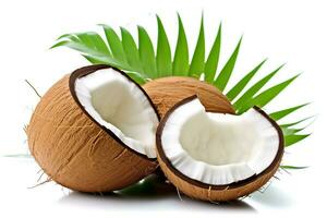 Coconut with plam leaves isolated on white background.Generative Ai. photo