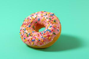 Donut with sprinkles icing on color background.Generative Ai. photo