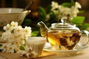 Green tea with jasmine flower and white ceramic teapot.Generative Ai. photo