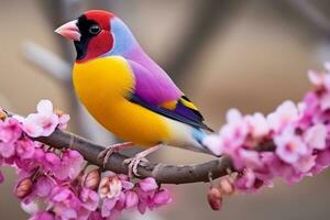 Gouldian finch bird or Erythrura gouldiae with pink flower.Generative Ai. photo