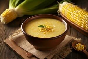 Delicious corn soup with corn on wooden table.Generative Ai. photo
