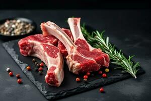Raw lamb with rosemary on black stone background.Generative Ai. photo