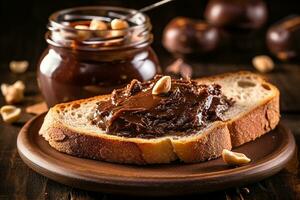Hazelnut chocolate spread  toast  on wooden for breakfast.Generative Ai. photo
