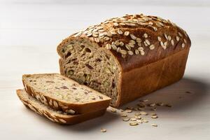 Whole grain bread on wooden background.Generative Ai. photo