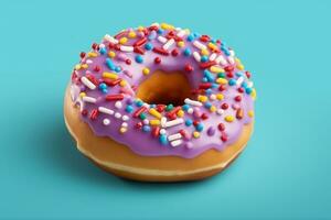 Donut with sprinkles icing on color background.Generative Ai. photo