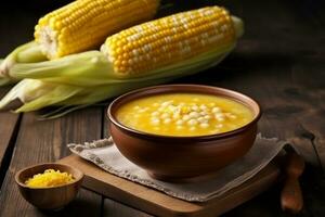 Delicious corn soup with corn on wooden table.Generative Ai. photo