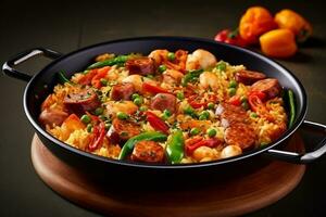 Fried rice with mixed vegetables, sausage and seafood.Generative Ai. photo