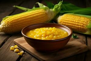 Delicious corn soup with corn on wooden table.Generative Ai. photo