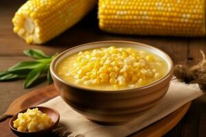 Delicious corn soup with corn on wooden table.Generative Ai. photo