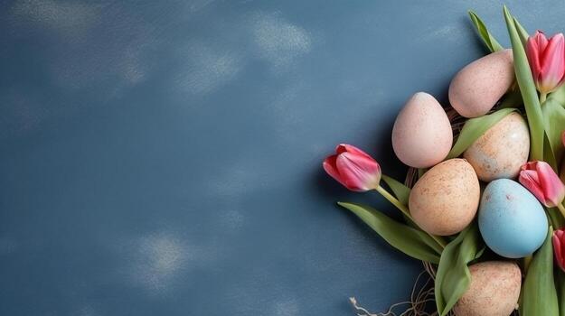 tulipán flor y Pascua de Resurrección huevos en azul fondo.generativo ai. foto