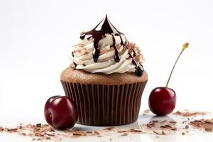 Cherry chocolate cupcake  isolate on white background .Generative Ai. photo