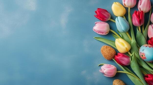 tulipán flor y Pascua de Resurrección huevos en azul fondo.generativo ai. foto