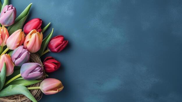 tulipán flor y Pascua de Resurrección huevos en azul fondo.generativo ai. foto