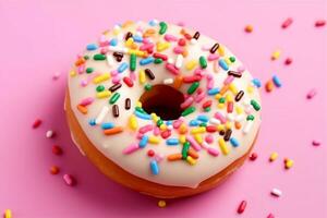 Donut with sprinkles icing on color background.Generative Ai. photo