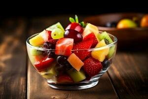 Fresh fruit salad in the bowl on wooden table.Generative Ai. photo