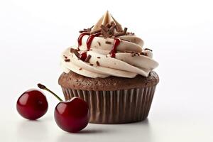 Cherry chocolate cupcake  isolate on white background .Generative Ai. photo