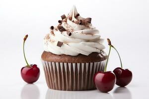Cherry chocolate cupcake  isolate on white background .Generative Ai. photo