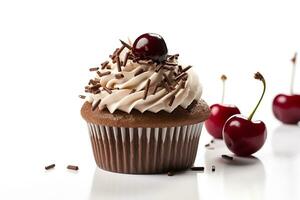 Cherry chocolate cupcake  isolate on white background .Generative Ai. photo