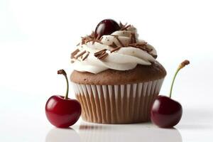 Cherry chocolate cupcake  isolate on white background .Generative Ai. photo