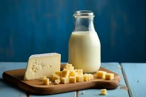 Milk in glass bottle with cheese on blue wooden background .Generative Ai. photo