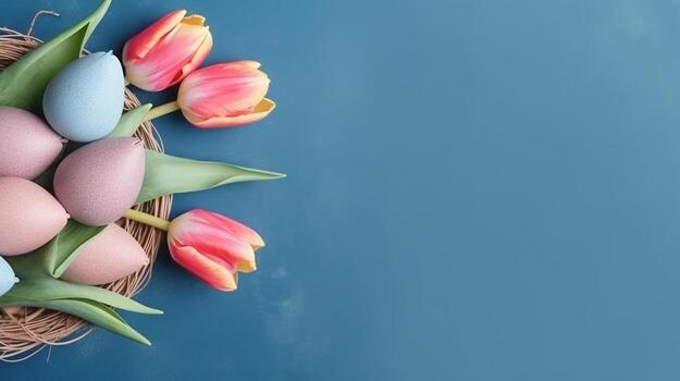 tulipán flor y Pascua de Resurrección huevos en azul fondo.generativo ai. foto