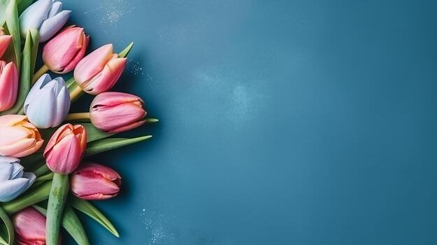 tulipán flor y Pascua de Resurrección huevos en azul fondo.generativo ai. foto