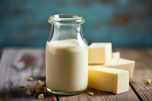 Milk in glass bottle with cheese on blue wooden background .Generative Ai. photo