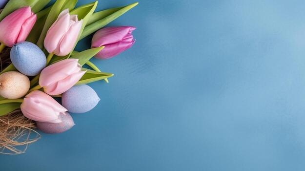 tulipán flor y Pascua de Resurrección huevos en azul fondo.generativo ai. foto